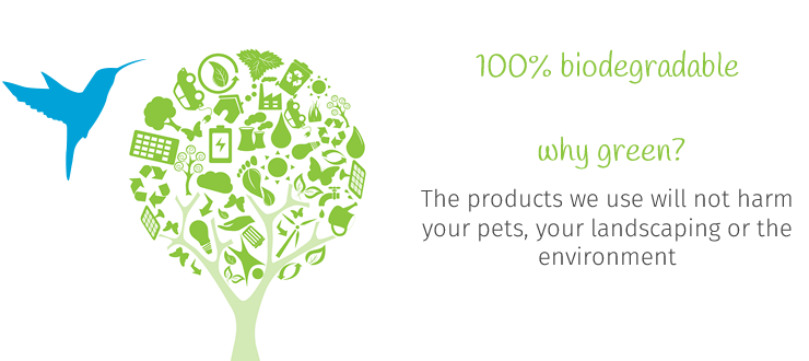 We use 100% biodegradable products that will not harm your pets, your landscaping or the environment.